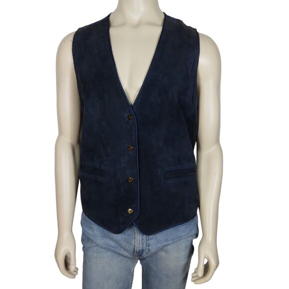 Vintage 90s Marsh Landing II Suede Leather Vest Size 1X Blue Satin Back - Picture 1 of 12